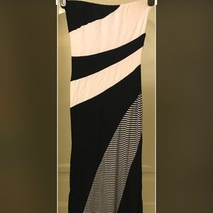 Striped, strapless navy blue and white maxi dress